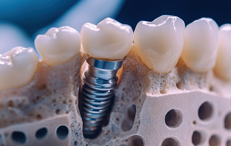 Dental implant in a model of the jawbone