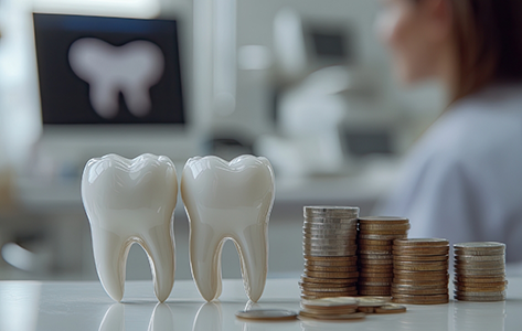 Two models of teeth next to piles of coins