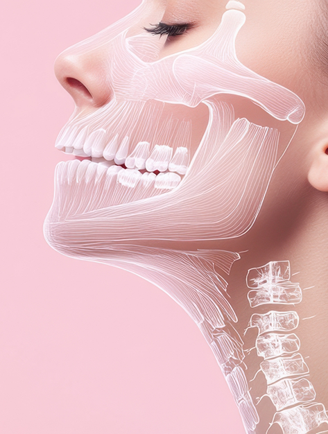 Side view of a person's face with an illustration of the bones and muscles of their jaws