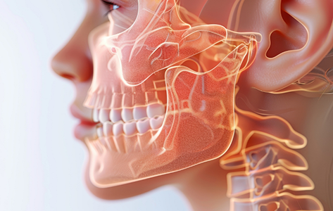 Profile of a woman with an illustration of the bones in her jaws and face