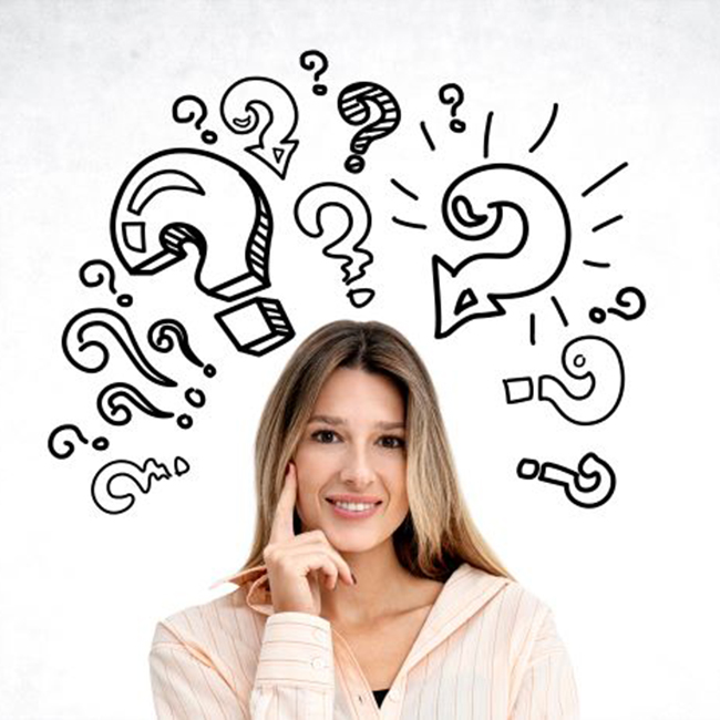 Thinking woman with question marks above her head