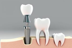 Illustration showing mini dental implant next to natural teeth