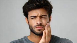 Man experiencing jaw pain, may need TMJ surgery